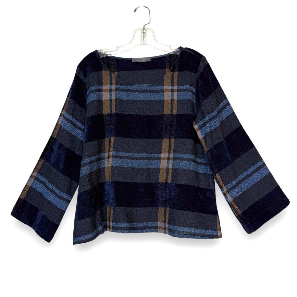 Neirami Italian Plaid Top Made In Italy Wool Blend Designer Blue Brown Small View 2